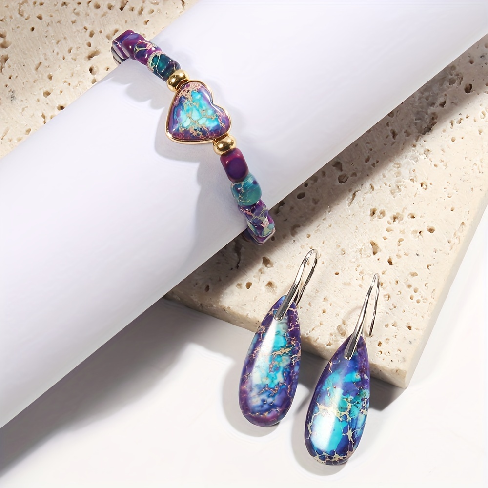 Boho Stone Beaded Jewelry Set Heart Teardrop Earrings Bracelet Gift for Mother